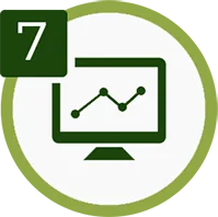 Icona verde di un monitor con un grafico lineare su sfondo bianco e numero 7 in riquadro verde.