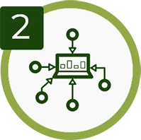 Icona di laptop con grafici e nodi connessi, su sfondo bianco con numero 2 in riquadro verde.