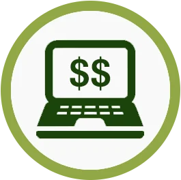 Icona verde di un laptop con simbolo del dollaro sullo schermo, rappresenta guadagni online.