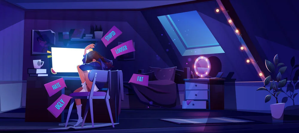 Ragazza Sconsolata Davanti A Uno Schermo Luminoso, Circondata Da Messaggi Negativi Fluttuanti.