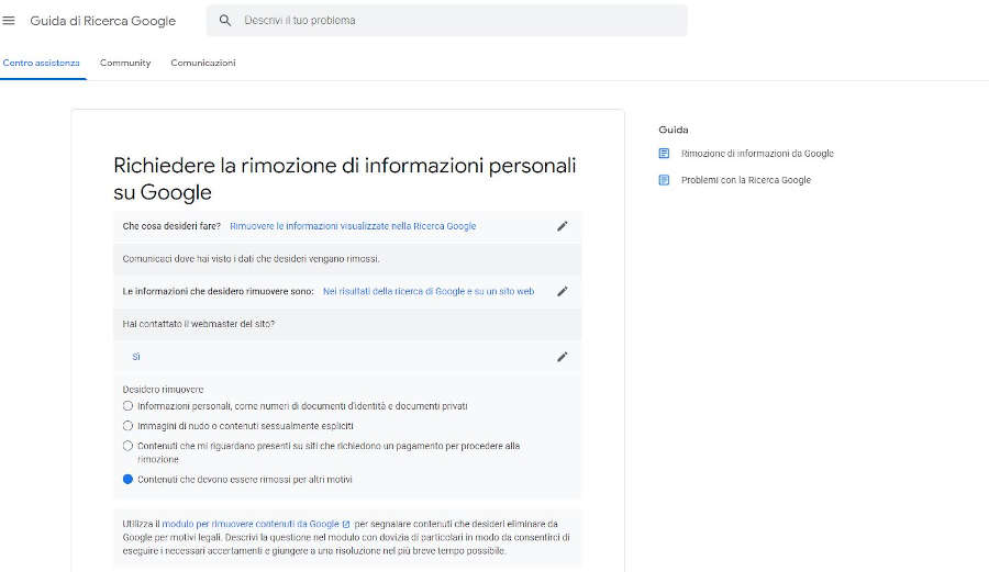 Modulo richiesta rimozione da Google