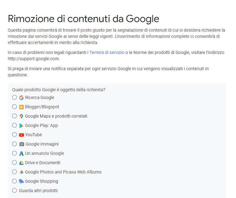 Rimozione contenuti da Google