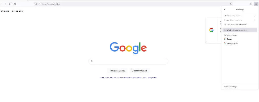 Pagina Principale Di Un Motore Di Ricerca Aperta Nel Browser Con Il Menu Della Cronologia Visibile.