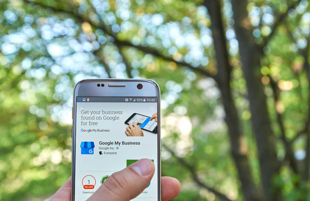 Smartphone Con Un'app Per La Gestione Aziendale, Su Uno Sfondo Verde Sfocato Con Alberi E Fogliame.