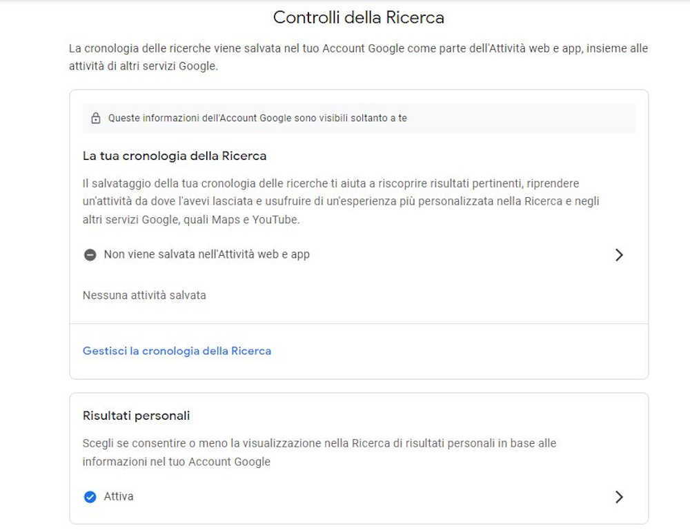 Cancellare cronologia ricerche Google