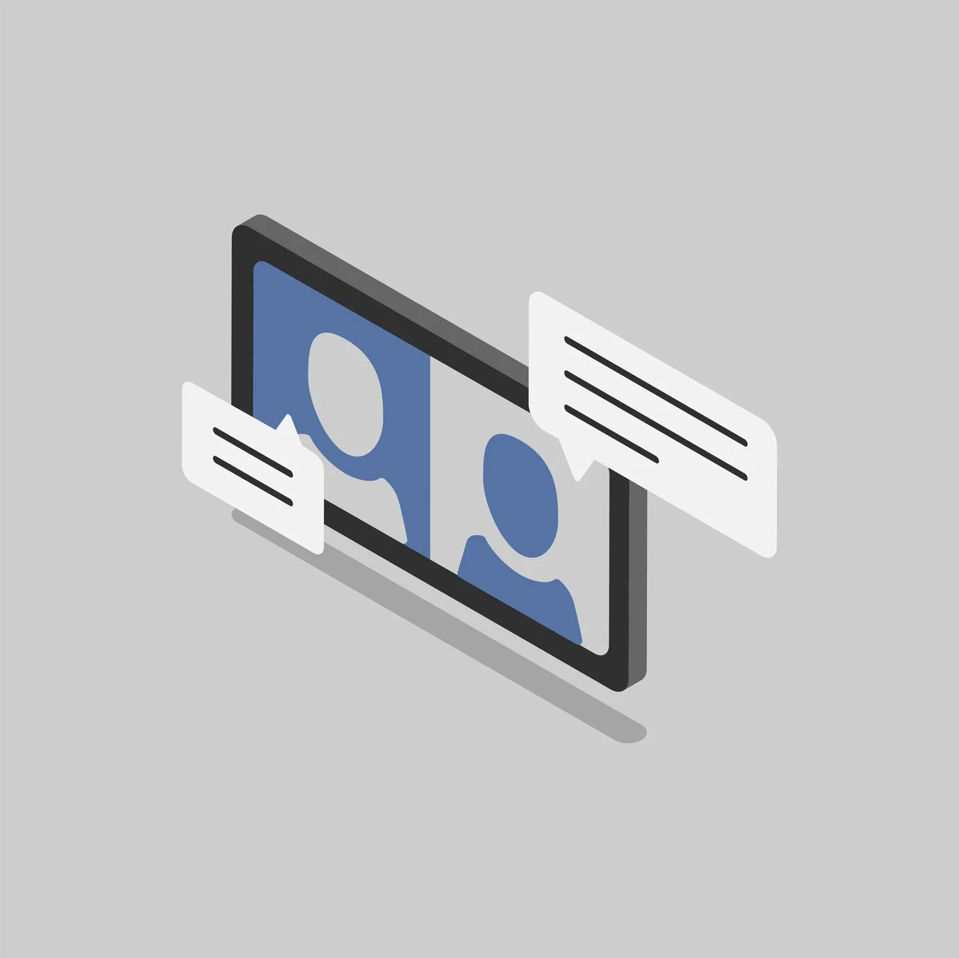 Illustrazione isometrica di una videochiamata su un dispositivo digitale con due partecipanti.